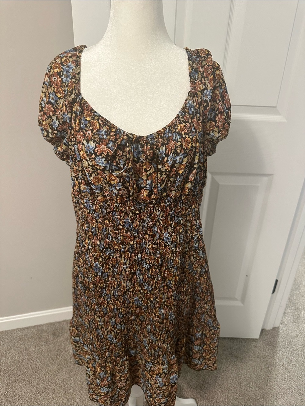 wild fable Brown Floral Ruffle Mini Dress with Blue Accents